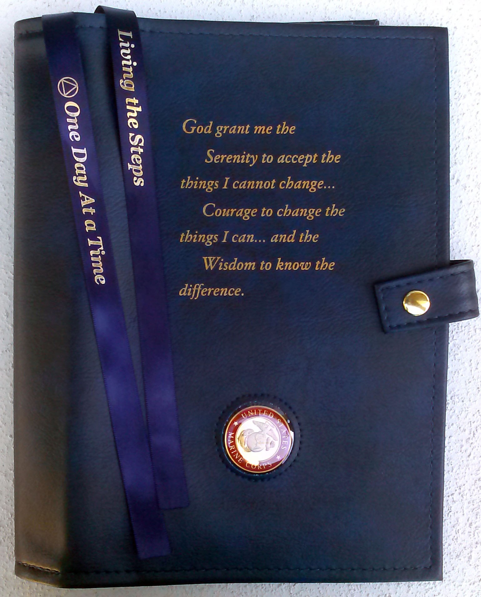 Alcoholics Anonymous AA Big Book Cover Serenity Prayer & Medallion Holder Blue 