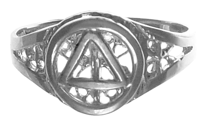 Sterling Silver Ring with AA Symbol on a Filigree Style Band