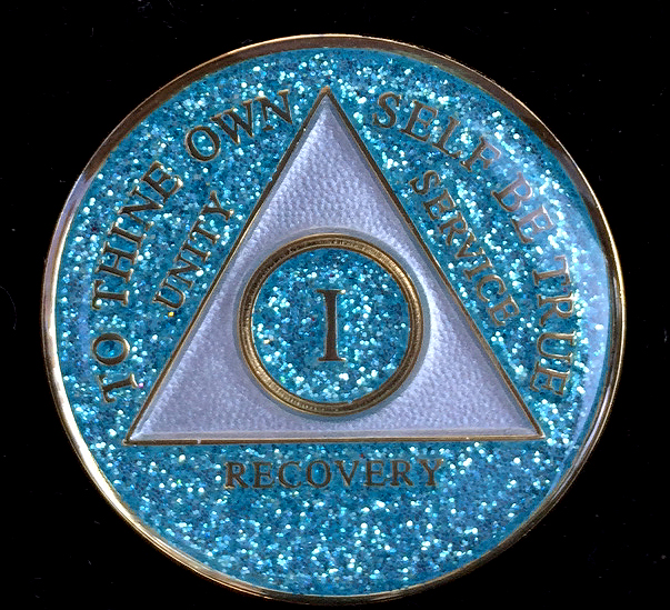 3 year AA Coin Aqua Glitter Sobriety Chip Alcoholics Anonymous Sober Medallion 
