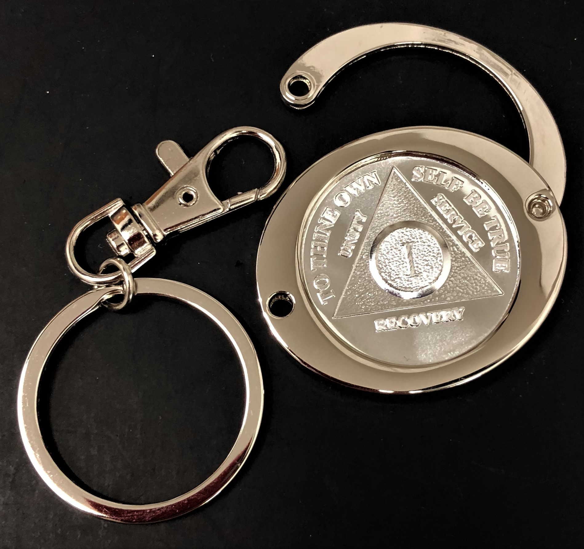 Doing It Sober Key Chain: Metal Medallion Holder Shiny or Brushed Metal Finish Stop Sign. K10 Brushed Metal