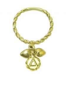 14k Gold, Dangle Ring, Twist Wire Style with a small AA Circle Triangle Charm and 2 Hearts