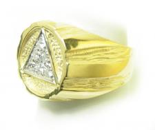 14k Gold, AA Symbol Mens Signet Style Ring with 6-25pt. Diamonds in the center of the Triangle