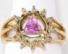 14k Gold, AA Symbol Ring with a Circle of 12 Small 2 pt. Clear CZ's and a 5X5mm CZ Triangle in Purple Amethyst in the Center