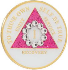 Medallion GLOW in Dark Glitter Pink w White Circle Bling Crystals