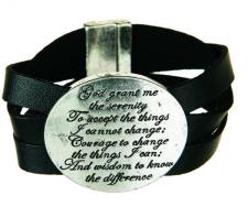 Silver Serenity Prayer Leather Bracelet 